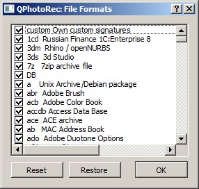 Dateiauswahl für Wiederherstellung mit PhotoRec
